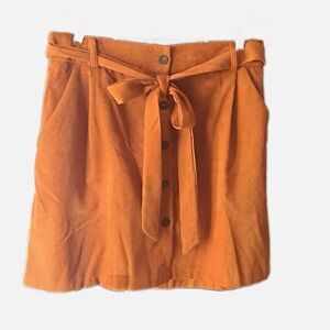 Shein burnt orange corduroy button-up mini skirt with tie